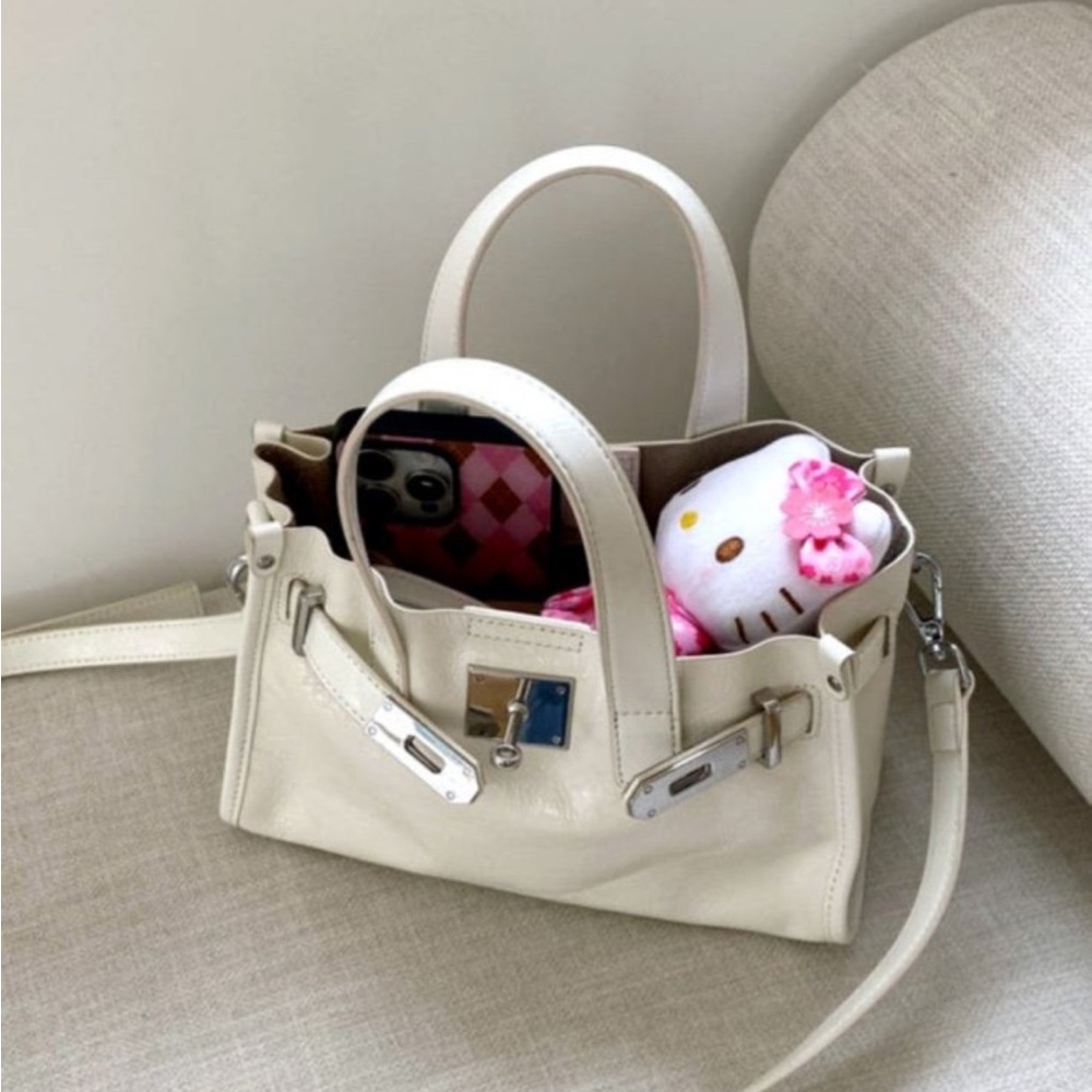 NEW Belted Tote Crossbody Porcelain Cream White Genuine Leather Korean Japanese